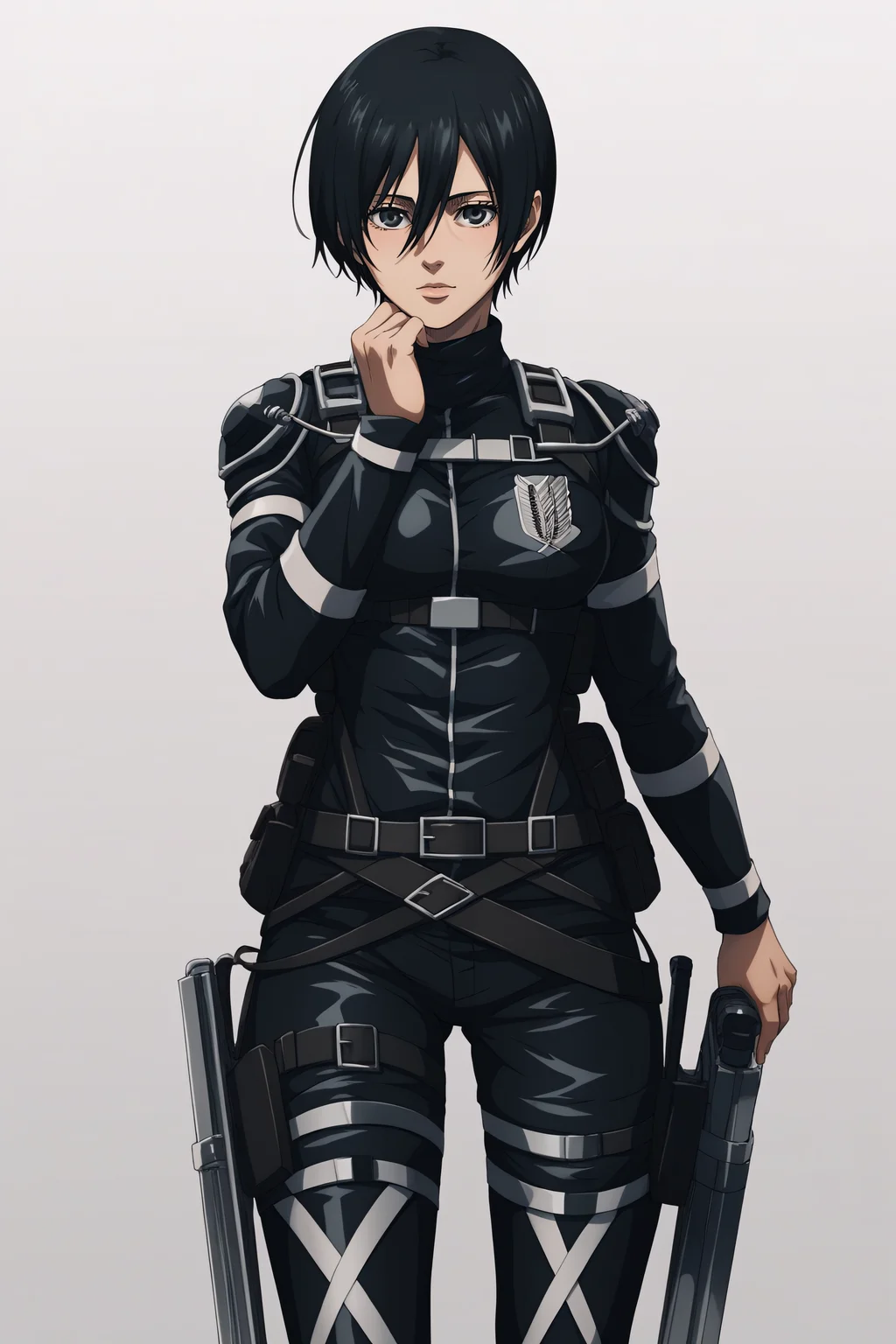 score_9, score_8_up, score_7_up, BREAK source_anime, <lora:adult mikasa ackerman-PonyXL-lora-faxtron:0.8> adult mikasa ackerman, black eyes, black hair, short hair, medium breasts, military uniform, armor, belt, thigh strap,
