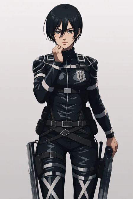 score_9, score_8_up, score_7_up, BREAK source_anime, <lora:adult mikasa ackerman-PonyXL-lora-faxtron:0.8> adult mikasa ackerman, black eyes, black hair, short hair, medium breasts, military uniform, armor, belt, thigh strap,