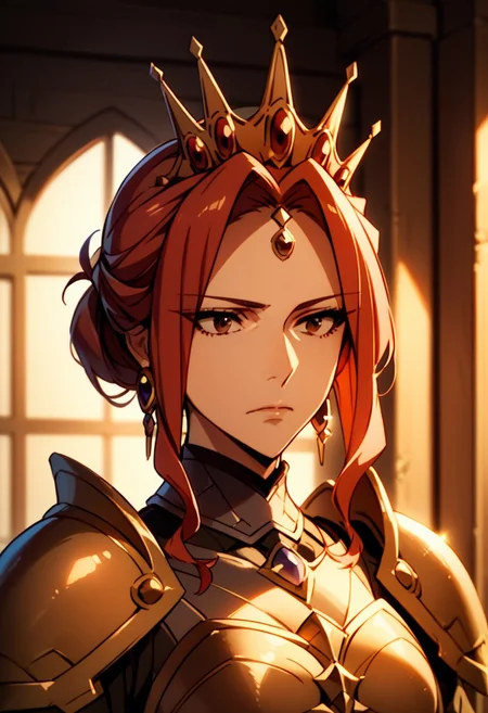 score_9,score_8_up,score_7_up,source_anime, Mirellia Q Melromarc,1girl,solo,brown eyes,jewelry,closed mouth,upper body,sidelocks,red hair,earrings,armor,single hair bun,crown,shoulder armor,hair up,