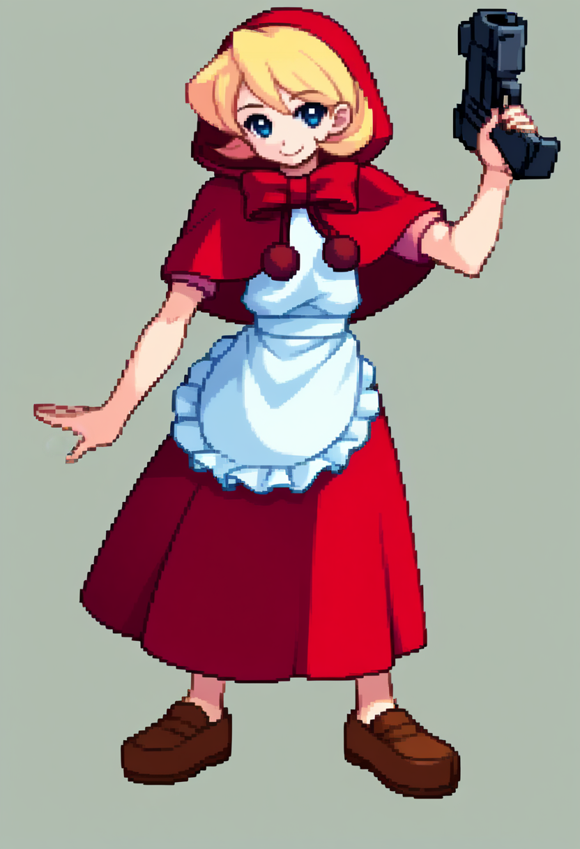 score_9, score_8_up, score_7_up, source_anime, BREAK, solo, 1girl, smile, looking at viewer,  <lora:Arcana-Heart-Sprites-pdxl_Fp:1>, simple background, full body, standing, <lora:BBHood-pdxl_Fp:1>, bbhood, short hair, blonde hair, blue eyes, hood, capelet, red dress, bow, white apron, pom pom \(clothes\), holding gun,