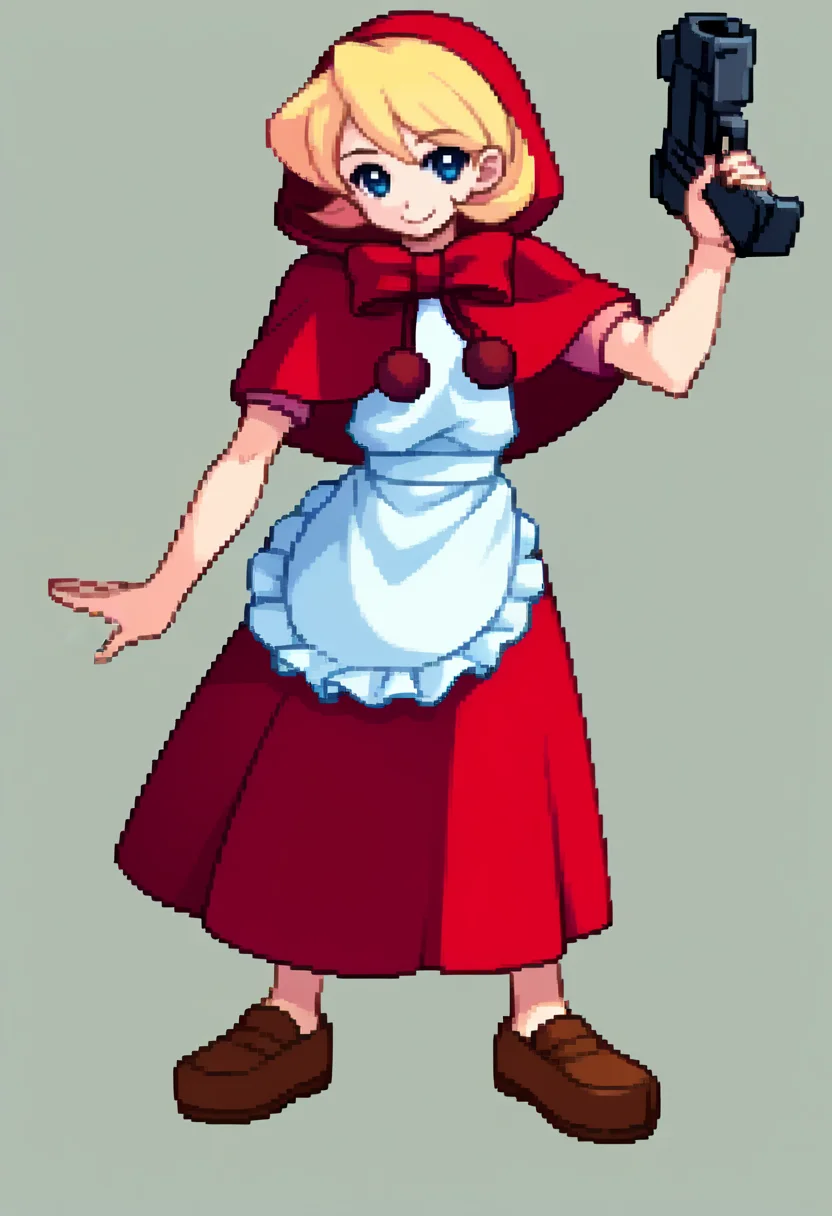 score_9, score_8_up, score_7_up, source_anime, BREAK, solo, 1girl, smile, looking at viewer, <lora:Arcana-Heart-Sprites-pdxl_Fp:1>, simple background, full body, standing, <lora:BBHood-pdxl_Fp:1>, bbhood, short hair, blonde hair, blue eyes, hood, capelet, red dress, bow, white apron, pom pom \(clothes\), holding gun,