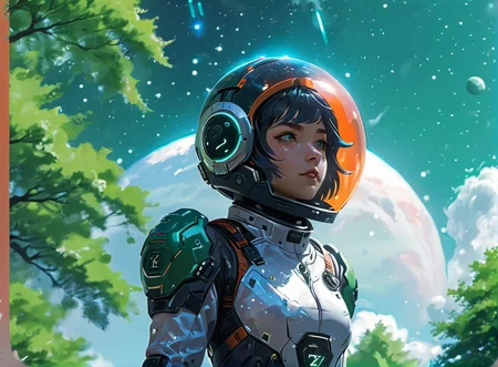 masterpiece,8k,high resolution,
<lora:space_backround-XL-7:0.4>,
<lora:Space_clothes-xl-8:0.6>,
space_backround,space_space,
1girl,solo,helmet,space suit,cyberpunk,female focus,portrait, scenery, cloud, sky, tree, star (sky),green and orange theme