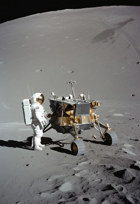 The image captures a fascinating juxtaposition of space exploration and leisure. In the foreground, a lunar rover module is prominently displayed on the Moon's surface. The rover, equipped with various scientific instruments and robust wheels designed for traversing the lunar terrain
However, in the background, an unusual and whimsical scene unfolds. Two individuals, dressed casually, are seated on lounge chairs under a beach umbrella. They appear relaxed, enjoying the unique and surreal experience of lounging on the Moon.