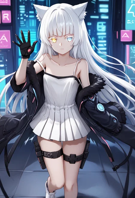 1girl, solo, highres, Nekoya_AWP, colored eyelashes, blue eyes, very long hair, bangs, white hair, heterochromia, yellow eyes, cat ears, animal ear fluff, cat tail, white dress, bare shoulders, strap slip, pleated dress, collarbone, black gloves, gloves, thigh holster, thigh strap, jacket, fur-trimmed jacket, shoes, white footwear, off shoulder, black jacket, looking at viewer, waving, cyberpunk, science fiction, neon light