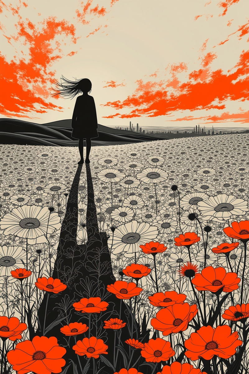 A thought-provoking black-and-white photograph features an artful play on silhouettes to convey a powerful emotional message. The subject of the image is a solitary figure standing atop a windswept hill, their silhouette framed against a fiery sunset. In the foreground, a field filled with flowers casts intricate patterns onto the ground below, creating a mesmerizing and ethereal texture that adds depth to the scene. The subtle details in the distant horizon, such as the city skyline or rolling hills, offer a tantalizing hint of what lies beyond. Through its clever use of silhouettes and striking contrasts between light and dark, this photograph captures an evocative moment that speaks volumes about solitude, hope, and longing for connection with something greater than oneself.