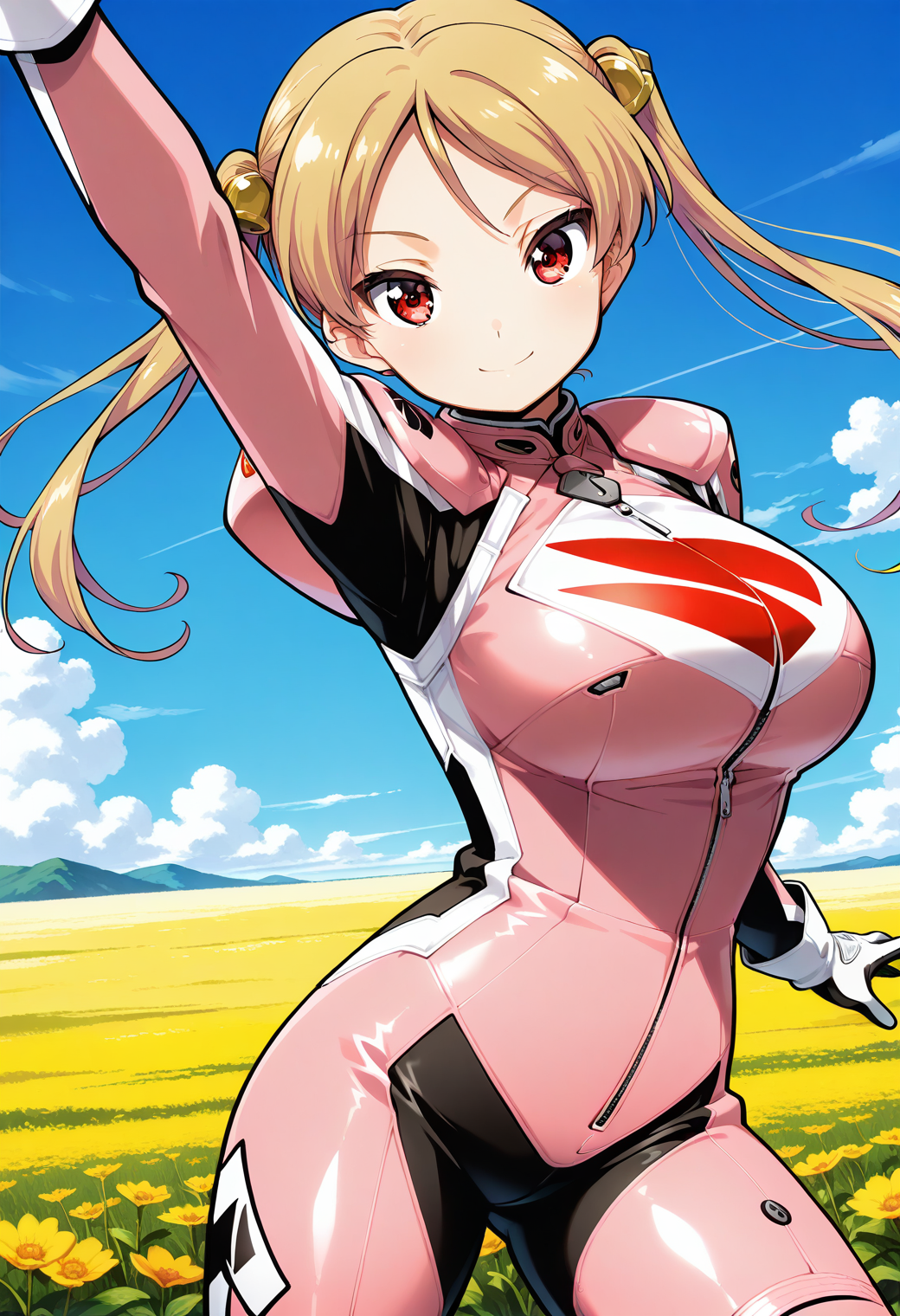 1girl, solo, (field:1.2), (blue sky:1.2), looking at viewer, smile, 
suzunoki_rin, red eyes, blonde hair, twintails, hair bell, gloves, pink bodysuit, bikesuit, <lora:suzunoki_rin_illustrious_ver1:0.8>, masterpiece, best quality, general,, (cowboy shot, dynamic pose:1.4),