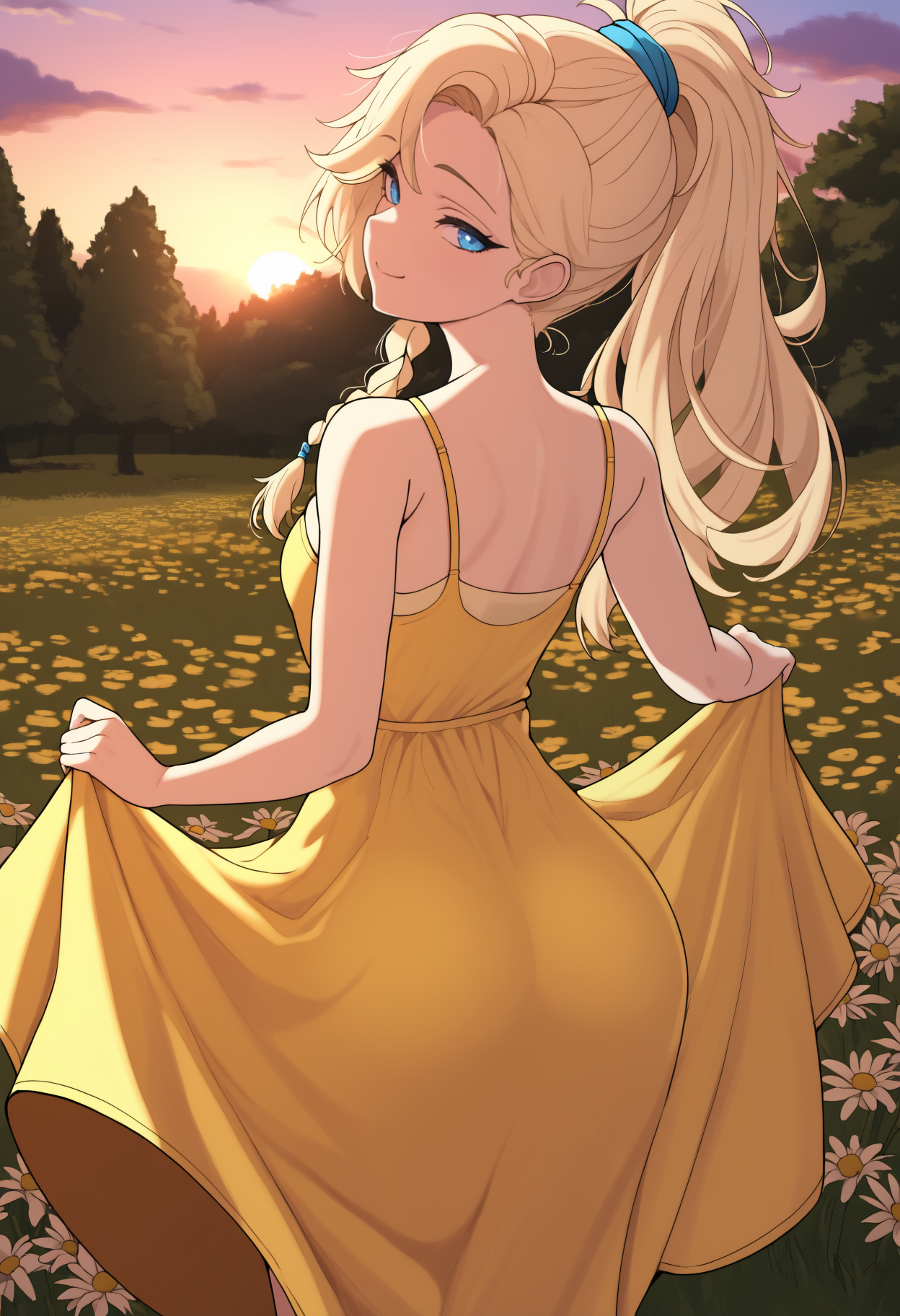 masterpiece, best quality, newest, from behind, solo, 1girl, g3mma, smile, looking back, skirt hold, long hair, blonde hair, side braid, high ponytail, hair tie, blue eyes, yellow sundress, spaghetti strap, bare shoulders, outdoors, sunset, cloud, flower field, grass, tree
<segment:yolo-Anzhc Face seg 640 v3 y11n.pt,0.4,0.6//cid=11>