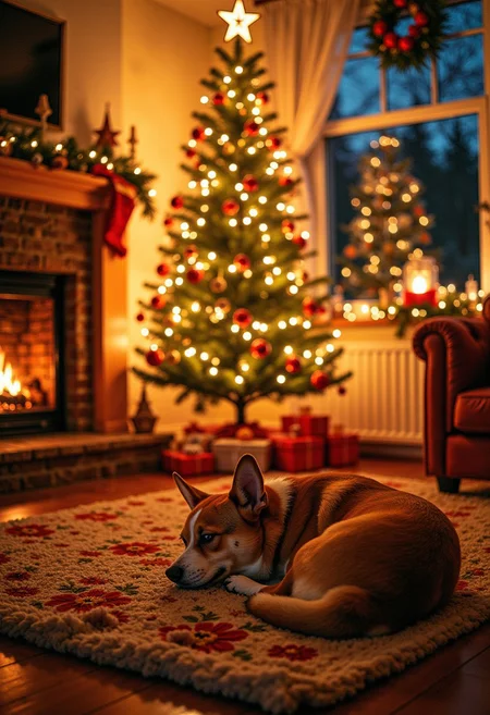 (Masterpiece, best quality, well lit, highly detailed) Christmas, Christmas party, Christmas tree, cozy, warm lighting, christmas living room, indoors, with a sleeping corgi,