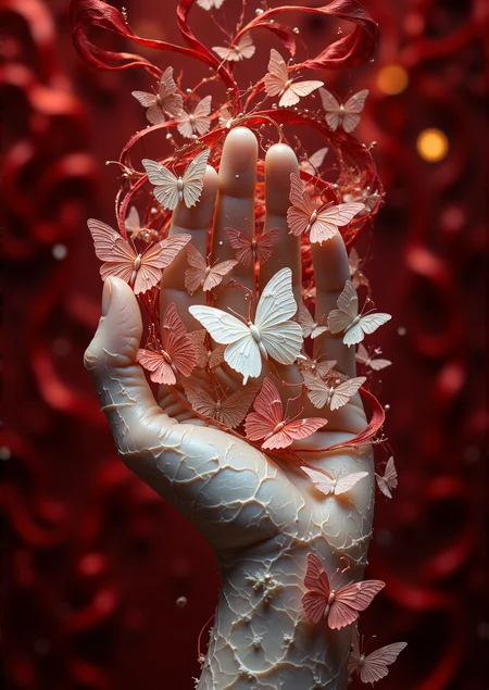 An ethereal hand sculpted from porcelain, adorned with intricate lace filigree that mimics organic veins. Swarms of translucent pink and ash-gray butterflies spiral around it in a hypnotic ballet, their wings dusted with bioluminescent pollen. Crimson ribbons cascade like liquid fire, weaving through the chaos to frame a solitary white butterfly radiating soft light. Background: a velvety crimson abyss textured with faint gold fractals. Style: Salvador Dalí meets Moebius, hyper-detailed surrealism, golden-ratio composition, prismatic light shards.
GOLDEN RATIO COMPOSITION IS VERY IMPORTANT, high fashion photography, Midjourney style, cinematic
realistic soft lighting, eye-catching, atmospheric lighting, natural, shallow depth of field, highlights, high detail, dynamic, sincere, cinematic shot, bokeh, depth of field
highly detailed, realistic, cinematic lighting, 8k resolution, sharp focus, depth of field, volumetric lighting, realistic reflections, natural textures
<lora:cheats:0.3> <lora:FluxDFaeTasticDetails:0.3> <lora:aidmaHyperrealismv0.3:0.5> <lora:Fantastic_Pic-v1.05:0.3> <lora:painterly2:0.3>