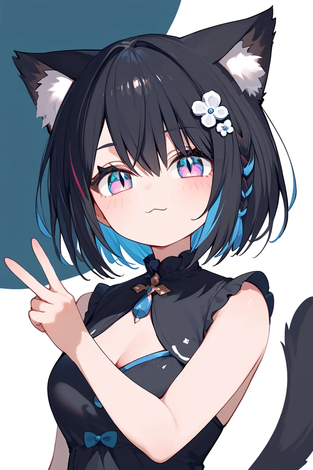 (score_9,score_8_up,score_7_up,),<lora:Hoshina Suzu-000018:0.9>,Hoshina Suzu,colored inner hair,short hair,multicolored hair,blue hair,black hair,cat ears,side braid,multicolored eyes,blue eyes,pink eyes,black dress,tail,upper body,:3,v,