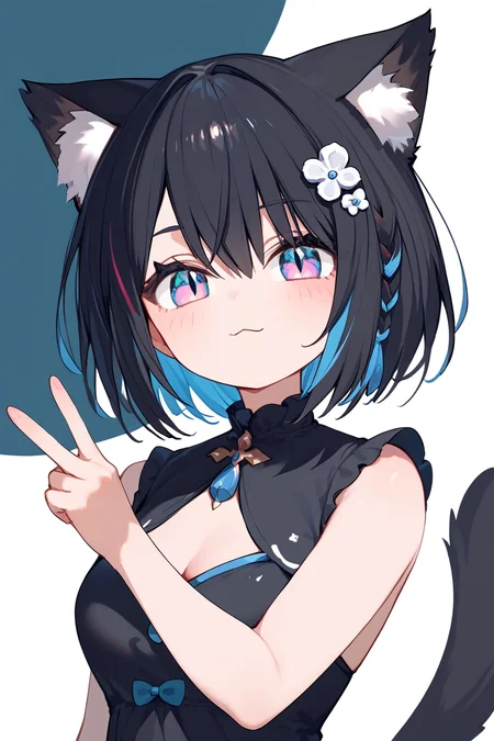(score_9,score_8_up,score_7_up,),<lora:Hoshina Suzu-000018:0.9>,Hoshina Suzu,colored inner hair,short hair,multicolored hair,blue hair,black hair,cat ears,side braid,multicolored eyes,blue eyes,pink eyes,black dress,tail,upper body,:3,v,