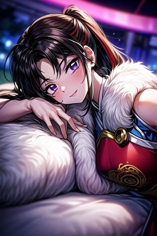 best quality 1girl Setsun4 solo long hair,  (night time) forest background black hair very long hair purple eyes multicolored hair armor, small, (fur trim) (medium body),<lora:EMS-179-EMS:0.800000>,<lora:EMS-293862-EMS:0.800000> bow, hair_bow, hair_tubes, red_bow, brown_hair, long_hair, bangs, ascot, frilled_bow, yellow_ascot, blush, smile, hair_between_eyes, athletic, armor, miko, ,(((intricate outfit,intricate clothes,embroidered outfit,ornate outfit,embroidered clothes,ornate clothes))), laying down, lying down