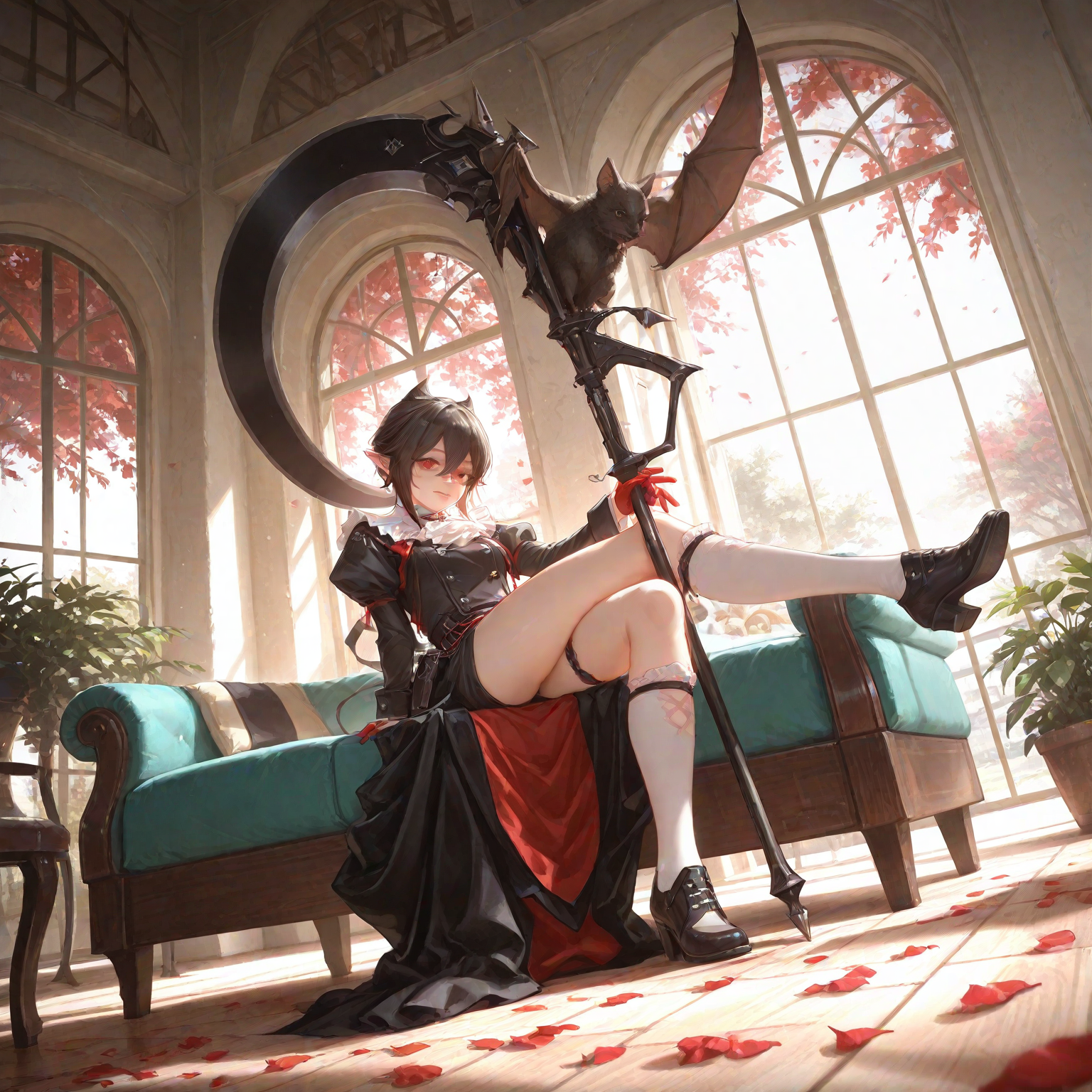 entelechia \(arknights\), red eyes, pointy ears, black hair, gloves, red gloves, bat (animal), fullbody, holding, entelechia's scythe (arknights), vampire, changing room, masterwork, masterpiece, best quality, realistic, ambient occlusion, ray tracing, depth of field, (((dynamic angle))), realistic painted face, painterly, vibrant colours, in lush style, extremely detailed eyes BREAK , bat \(animal\), BREAK fantasy, luxurious furniture, tall windows, vaulted ceiling, baseboards, reclining, day, soft light

, , melt, vivid colors, , acid trip, , meandering lines, rainbow gradient swirls, , warp, distortion, surrealism, , minimalist abstract style, , , flowing translucent blue fabric, billowing folds, shadowy tones, gradient background, blue to green transition, , intricate flowers, delicate petals, leaves, , warm ethereal glow, individual petal details, , dramatic lighting, contemplative atmosphere, , high contrast tones, , warm gradients, , , , harmonious abstraction, mystical serenity, , ,