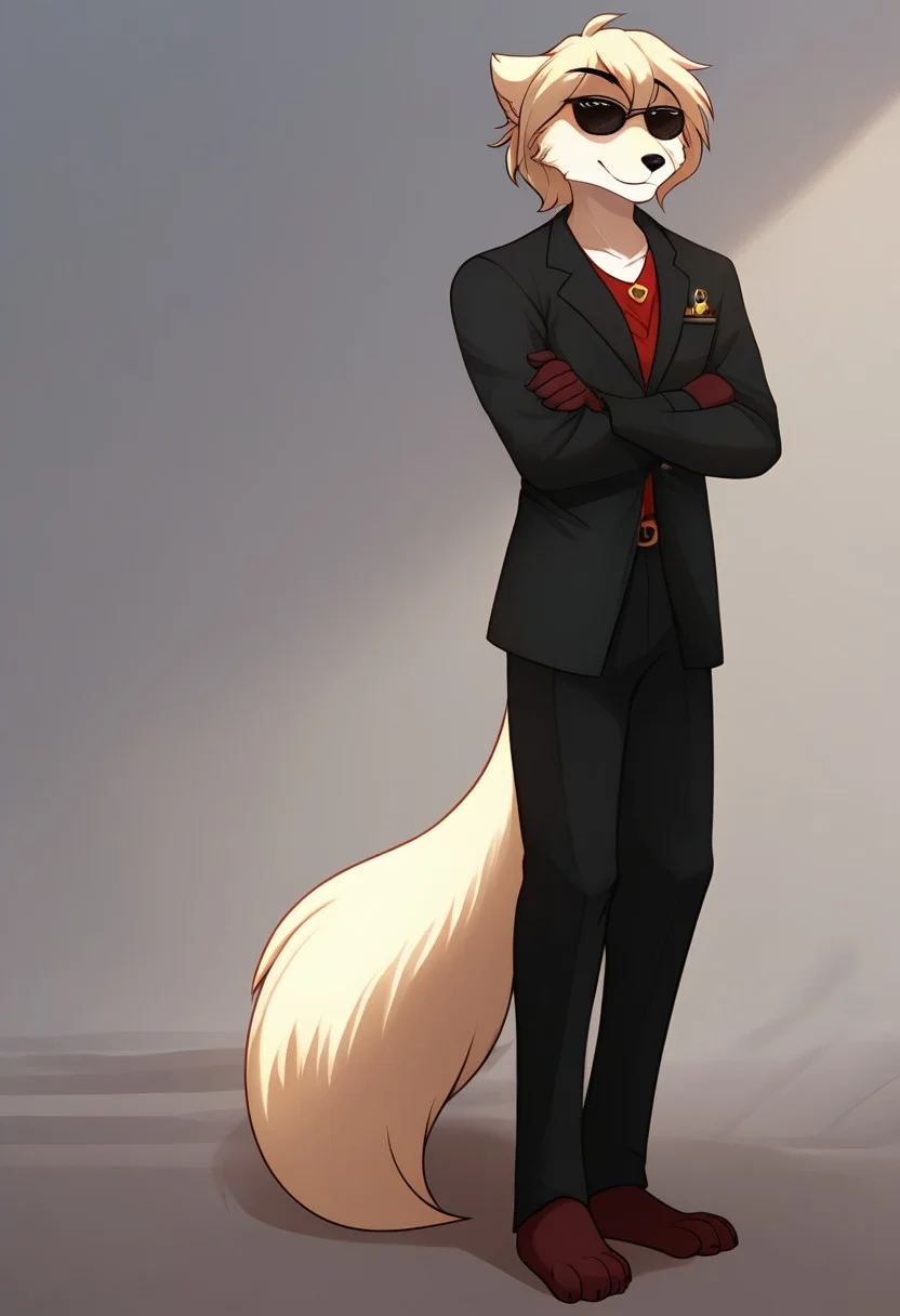 score_9, score_8_up, score_7_up, score_6_up,source_furry, rating_explicit, solo, solo focus, male, 1boy, standing, beautiful, black trousers, The spy's black jacket, black sunglasses, important expression, hands folded down, looking at viewer, fluffy tail, office, detailed background, kathrin-twokinds, detailed, perfect fingers, five fingers, detailed, high quality, 4K, front view, front side, full body