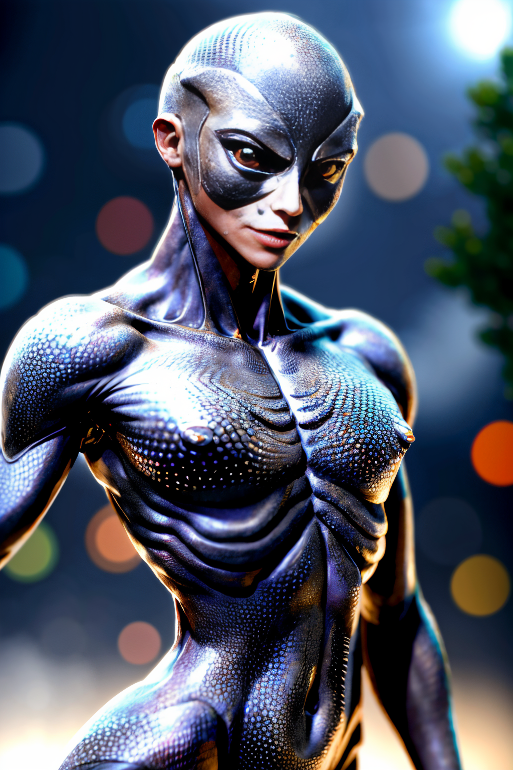 (Realistic:1.5) full body shot, sharp teeth upper body straight-on straight-on blurry background straight-on glowing eye lips portrait  <lora:EdobAlienSpecies_v1.0:0.8>