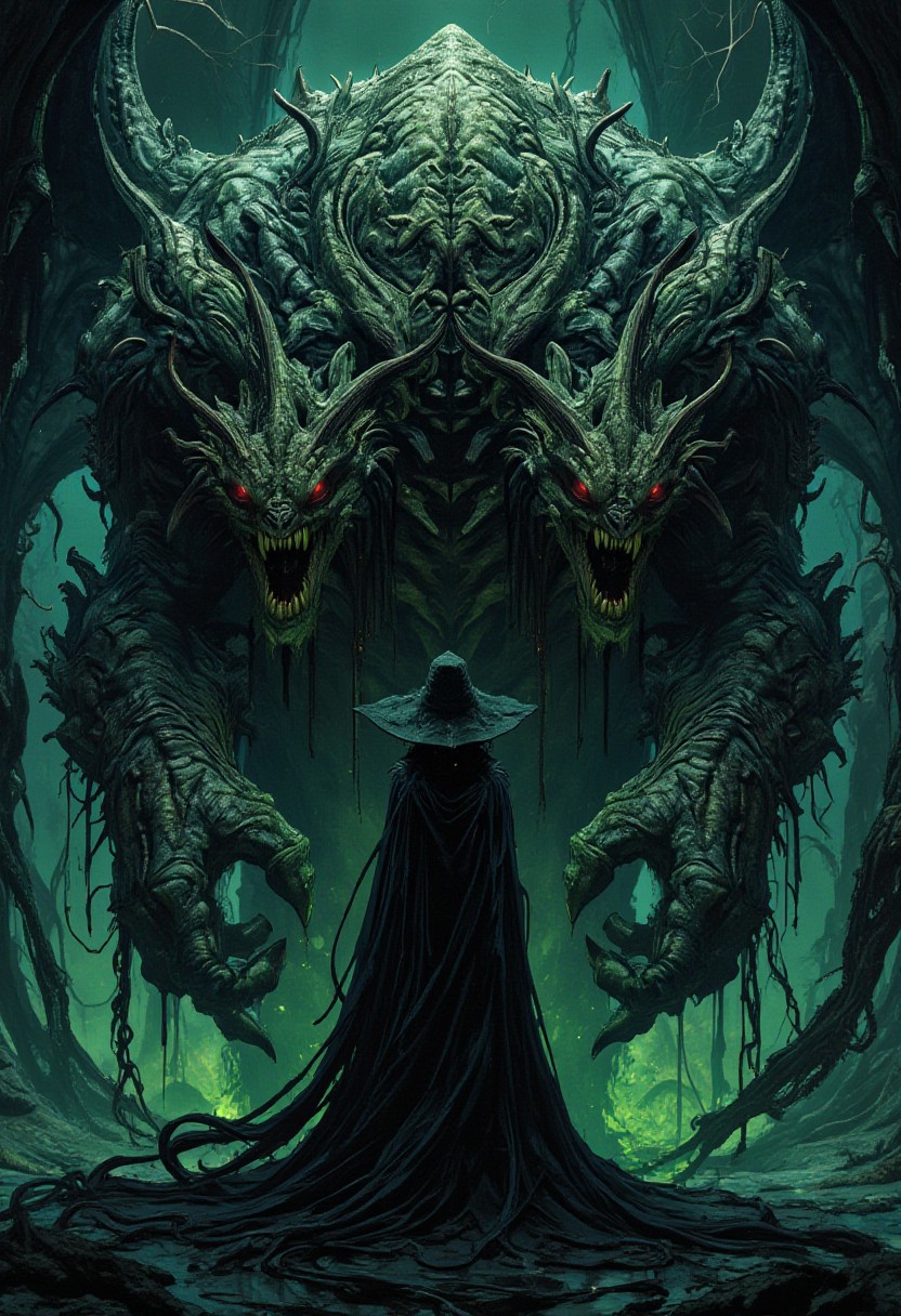 horror show, monster, nightmare, fear, illustration, 
Female wizard, very detailed wizard, The beasts looks very angry and ready to cause chaos, DEVIL SPAWN.