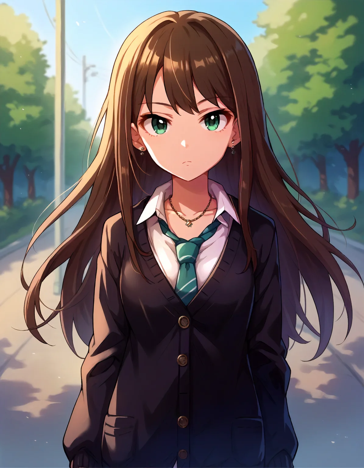 score_9,score_8_up,score_7_up,1girl,solo,cowboy shot,looking at viewer,expressionless,outdoors,
<lora:shibuyarin_ponyXLV6:0.8>,cgsbr,
brown hair,long hair,sidelocks,green eyes,
earrings,necklace,necktie,black cardigan