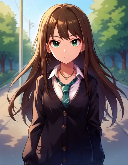 score_9,score_8_up,score_7_up,1girl,solo,cowboy shot,looking at viewer,expressionless,outdoors,
<lora:shibuyarin_ponyXLV6:0.8>,cgsbr,
brown hair,long hair,sidelocks,green eyes,
earrings,necklace,necktie,black cardigan