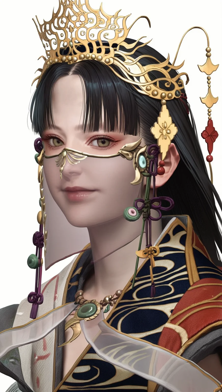 score_9,score_8_up,score_7_up,
<lora:Yoshiro:1>,
yoshirogoddess,
realistic,
1girl,solo,black hair,long hair,hime cut,
yellow eyes,looking at viewer,smile,
ornate gold headdress,veil,green jewelry,intricate traditional robe,sheer cape,detailed and traditional design,
portrait,
white background,