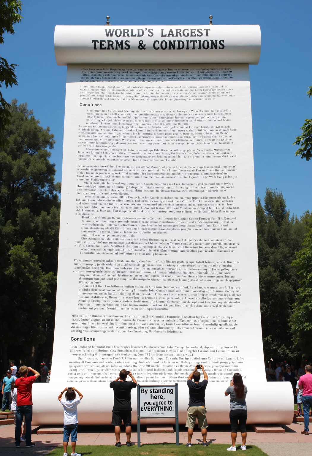 Photo depicting a skyscraper-sized paper scroll of dense legal jargon in a park that is titled, "World’s Largest Terms & Conditions". A sign at the bottom reads: "By standing here, you agree to EVERYTHING." People stand around it taking pictures.