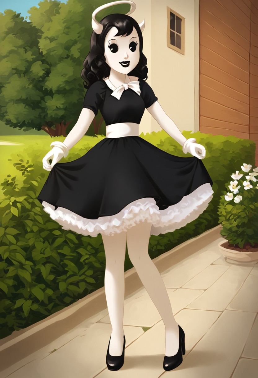 (Masterpiece, best quality:1.2), score_9, score_8_up, flat color, flat shading, soft shading, lighting, Alice Angel in a 1950's dress, a fluffy frilly ruffled full petticoat, and high heels, dress, layered petticoat, frilly petticoat, fluffy petticoat, full petticoat, wide dress, flowing dress, solid colored skirt, short sleeves, black hair, Bendy and The Ink Machine, series accurate, cute, best high quality, high res, black lips, white colored skin, whole body shot, 1girl, solo, outside, posing, in a garden, cute, adorable, smile, skirt tug, ground level angle, dress lift, cartoon, cartoon style, vector, solo, circle dress, 1950s, alice angel