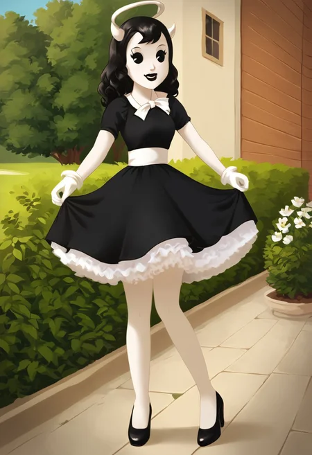 (Masterpiece, best quality:1.2), score_9, score_8_up, flat color, flat shading, soft shading, lighting, Alice Angel in a 1950's dress, a fluffy frilly ruffled full petticoat, and high heels, dress, layered petticoat, frilly petticoat, fluffy petticoat, full petticoat, wide dress, flowing dress, solid colored skirt, short sleeves, black hair, Bendy and The Ink Machine, series accurate, cute, best high quality, high res, black lips, white colored skin, whole body shot, 1girl, solo, outside, posing, in a garden, cute, adorable, smile, skirt tug, ground level angle, dress lift, cartoon, cartoon style, vector, solo, circle dress, 1950s, alice angel