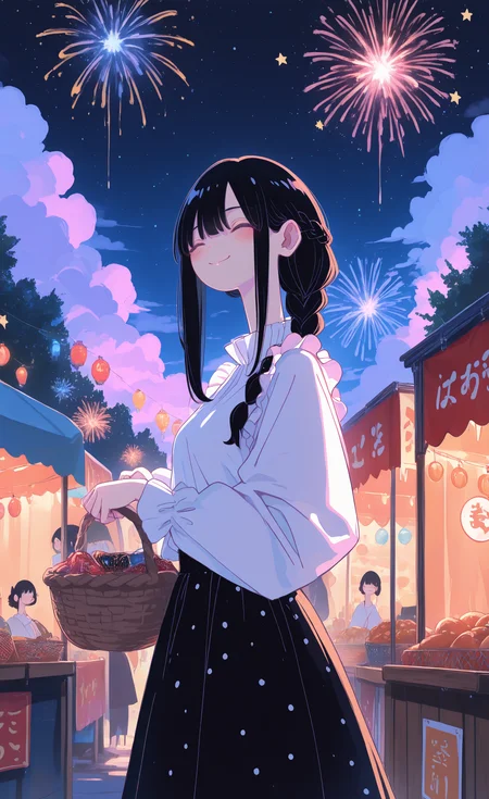 masterpiece, best quality, good quality, very awa, very aesthetic, absurdres, newest,1girl, solo, long hair, blush, smile, shirt, skirt, black hair, long sleeves, holding, closed mouth, white shirt, closed eyes, braid, outdoors, cowboy shot, frills, sky, solo focus, cloud, black skirt, star \(symbol\), bag, single braid, night, polka dot, star \(sky\), night sky, basket, holding bag, fireworks, holding basket, aerial fireworks, market stall, 240_mado,
Flatline, Flat vector illustration <lora:NOOB_vp1_detailer_by_volnovik_v1:0.3> <lora:NOOB_vp1_detailer_by_volnovik_v1:0.3> <lora:ponyv6_noobV1_2_adamW-000017:0.7> <lora:USNR_STYLE_XL_lokr:0.45> <lora:XXX667:0.5> <lora:checkpoint-e18_s306:1.3> <lora:240_mado_ill:1>