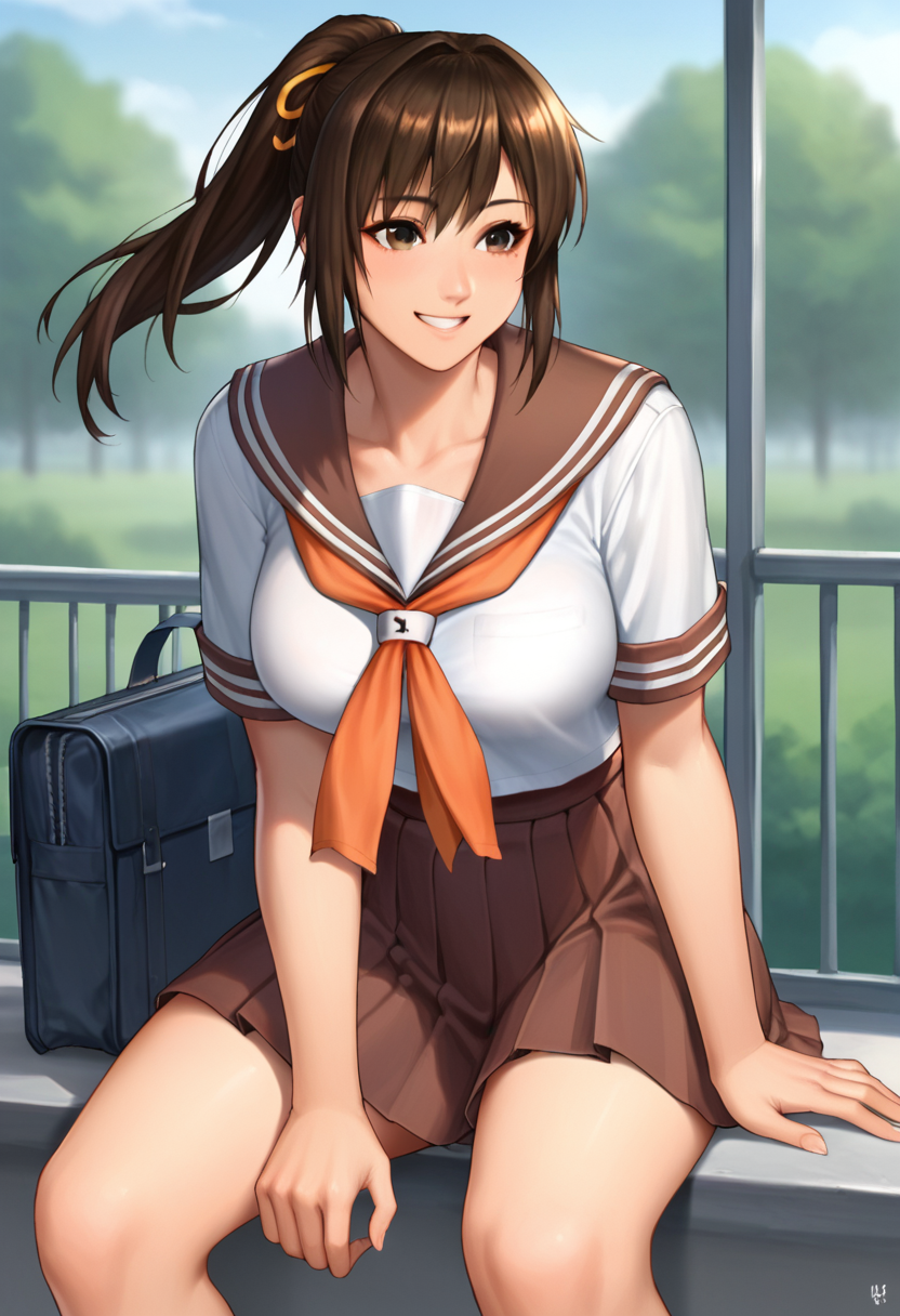 score_9, score_8_up, score_7_up, source_anime,1girl, 
 <lora:KiryuAoi-PonyV1:0.9>rpkaoi, large breasts, brown hair, brown eyes, hair ribbon, ponytail, 
school uniform, skirt, serafuku, bag,  school bag, smile,