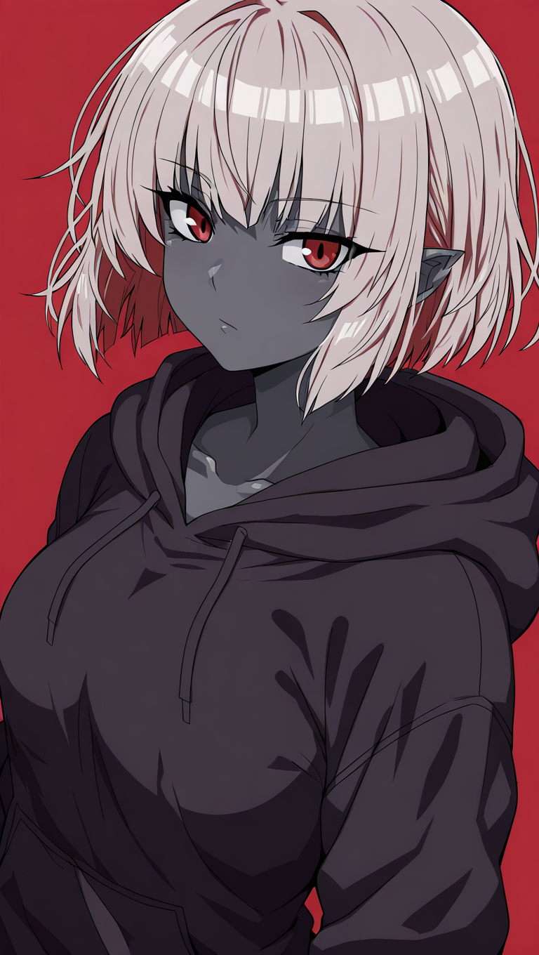 1girl, black hoodie, closed mouth, grey hair, grey skin, hood, hood down, hoodie, looking at viewer, red background, red sky, red theme, short hair, simple background, solo, upper body, <lora:Monster Girl:1>