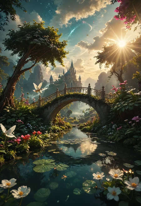 (masterpiece, highly detailed, 8k, surreal landscape), floating garden in the clouds, ethereal glowing plants and flowers, shimmering white bridges connecting floating islands, lush greenery mixed with (celestial lights:1.3) emitting from the ground, (angelic statues:1.2) with wings, radiant beams of sunlight pouring from a distant glowing planet in the sky, sky filled with colorful nebulae, cosmic atmosphere, tranquil and dreamlike, highly detailed foliage, magical ambience, intricate vines, soft golden light, <lora:DetailMaximizer:0.5> <lora:MidjourneyV6.1:0.5> <lora:SecretLab:0.5> <lora:add-detail-xl:0.5>