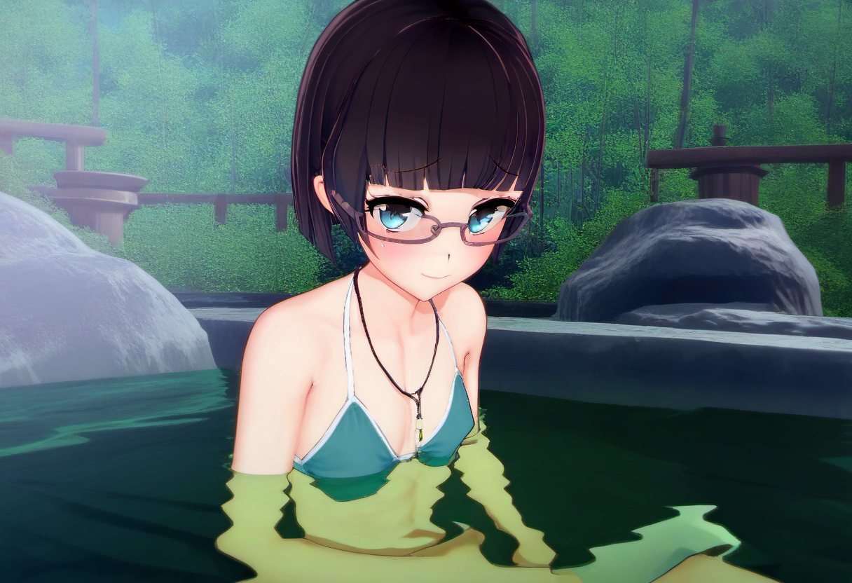 score_9, score_8_up, score_7_up, score_6_up, score_5_up, score_4_up,  <lora:Makoto_from_LiL_for_PonyXL:1>, makoto, glasses, solo, blush, blue bikini, outdoors, bathing, submerged, seductive smile, looking at viewer, shy, small breasts, blunt bangs, sitting