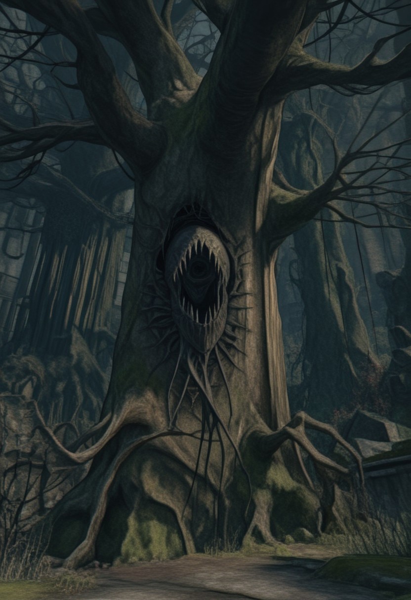 AMAZING QUALITY, MASTERPIECE, W1CK3D, SCENERY, CORRUPTED TREE, DECAY, FACE ON TREE, NIGHTMARE, HORROR THEME, MOSS, OVERGROWN