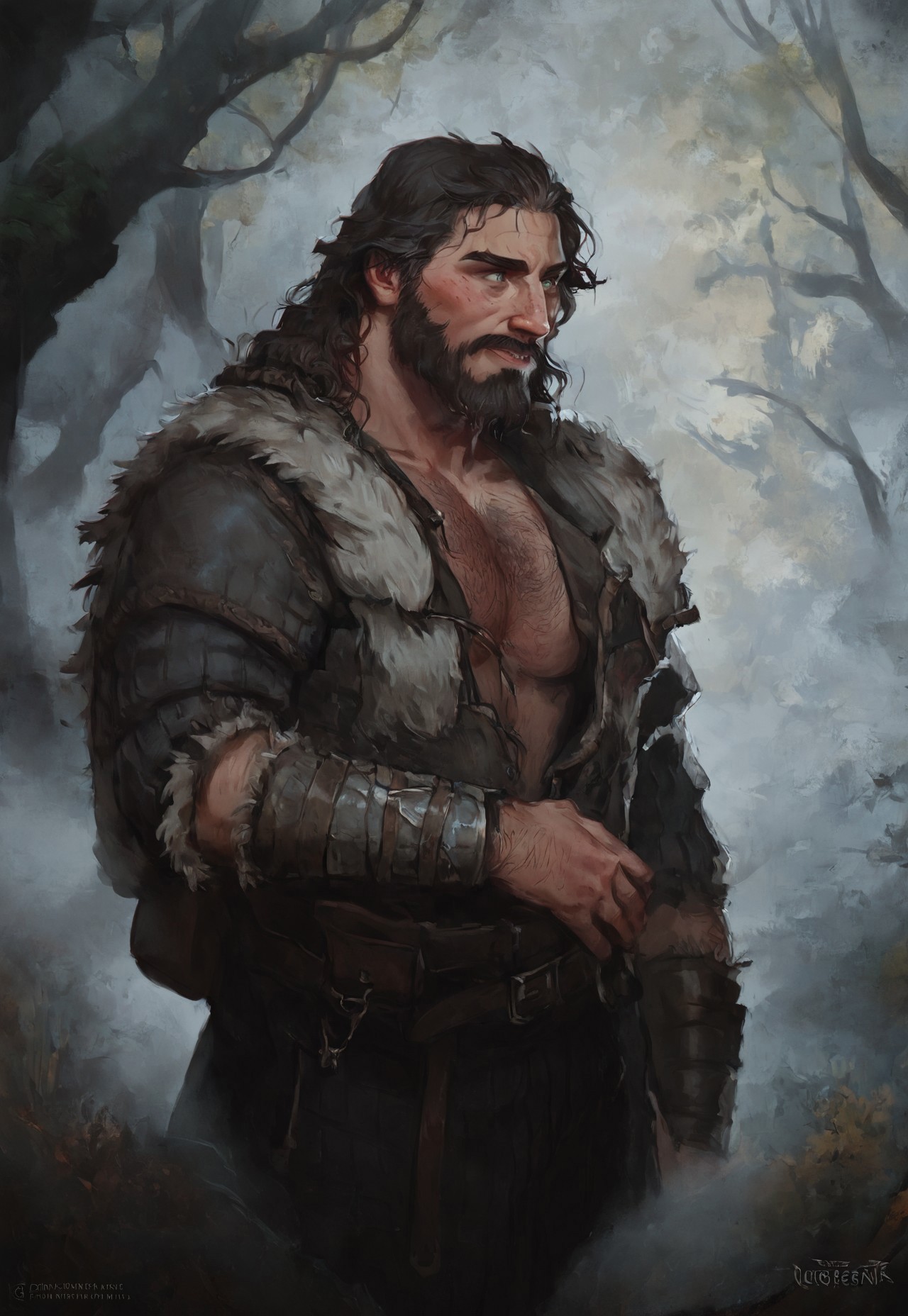 (score_9, score_8_up:1.1), score_7_up, waist-up portrait, masterpiece, semirealistic, gwentstyle,
...
fantasy style, Viking Style, Norse, Nordic, ... 1man, human, adult, mature, (mid-40s), druid, muscular male, male focus, solo, (IfanBM, mature male, tan skin, Miguel_Ohara, bara), ((aquiline nose, broken nose, Nose bridge, Hooked nose)), (freckled face), (tanned skin), ((long hair, dark-brown hair with grey streaks, wavy hair, back-length hair)), (((grey streaks in hair))), ((short beard, grey streaks)), (greying), (aging), (bright green eyes), (broad shoulders, wide torso), (tall, toned), (daddy vibes, bara), (hairy chest, hairy forearms), (Viking Style, fantasy style, Dark Navy Blue Viking Robe, Bronze Trim, Sleeves Rolled-Up to Elbows, Black Pants), Belt, Pants, ... (Magical Forest Background, detailed background, artistic and intricate background), (3-frame sketch), raw lighting, overexposed, harsh flash, volumetric lighting, cinematic lighting, aesthetic design, dramatic angle, dramatic framing, cinematic framing, posing at an angle, dynamic pose
...
(Magical Forest Background, detailed background, artistic and intricate background)
...
<lora:add-detail-xl:1.5>, 