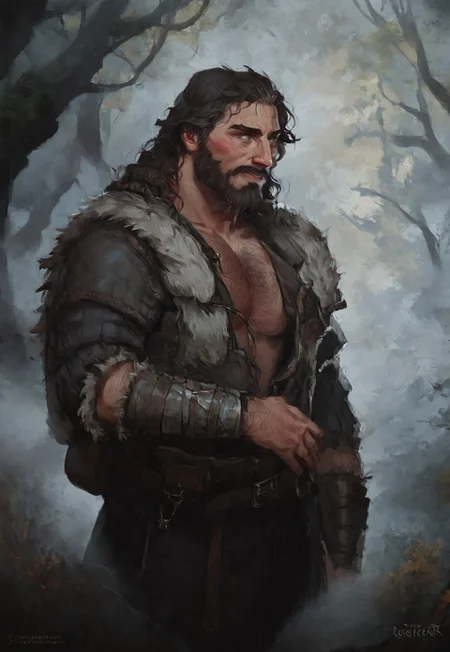 (score_9, score_8_up:1.1), score_7_up, waist-up portrait, masterpiece, semirealistic, gwentstyle,
...
fantasy style, Viking Style, Norse, Nordic, ... 1man, human, adult, mature, (mid-40s), druid, muscular male, male focus, solo, (IfanBM, mature male, tan skin, Miguel_Ohara, bara), ((aquiline nose, broken nose, Nose bridge, Hooked nose)), (freckled face), (tanned skin), ((long hair, dark-brown hair with grey streaks, wavy hair, back-length hair)), (((grey streaks in hair))), ((short beard, grey streaks)), (greying), (aging), (bright green eyes), (broad shoulders, wide torso), (tall, toned), (daddy vibes, bara), (hairy chest, hairy forearms), (Viking Style, fantasy style, Dark Navy Blue Viking Robe, Bronze Trim, Sleeves Rolled-Up to Elbows, Black Pants), Belt, Pants, ... (Magical Forest Background, detailed background, artistic and intricate background), (3-frame sketch), raw lighting, overexposed, harsh flash, volumetric lighting, cinematic lighting, aesthetic design, dramatic angle, dramatic framing, cinematic framing, posing at an angle, dynamic pose
...
(Magical Forest Background, detailed background, artistic and intricate background)
...
<lora:add-detail-xl:1.5>, 