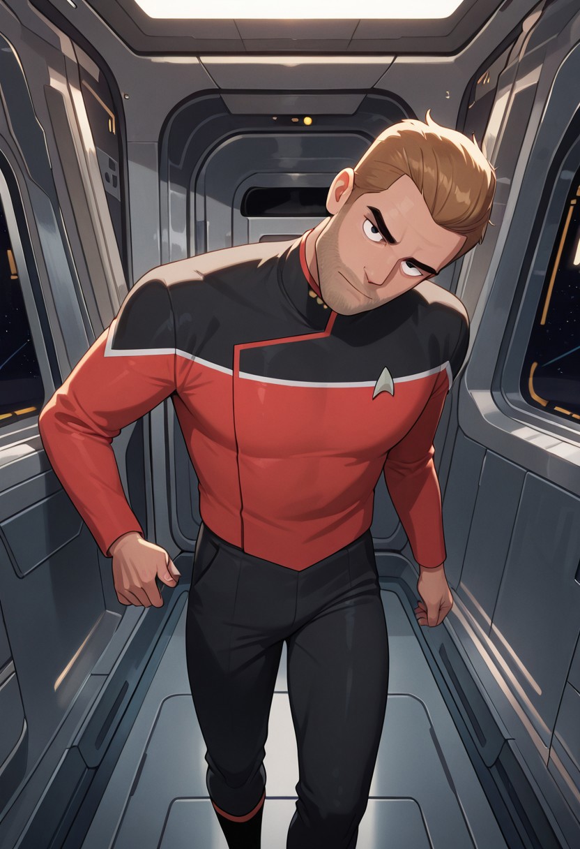 masterpiece, best quality, newest, perfect quality, best quality, detailed background, intricate details, male focus, anime, solo, jackrans0m, 1boy, mature male, muscular, black eyes, stubble, star trek uniform, red two-tone uniform, black pants, uniform boots, spacecraft interior, looking at viewer, head tilt
