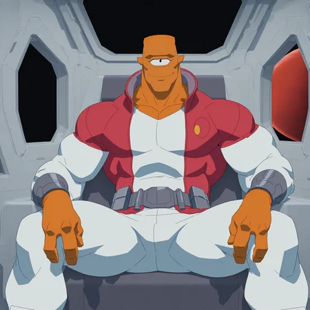 all3nth3al13n, 1boy, muscular, orange skin, one black eye, one eye, 3 fingers, sitting, indoors, spacecraft interior, spread legs, relaxed, relaxing, window, red planet, red jacket, (white t-shirt), white sleeves, white pants, metal belt, metal bracelets,  looking at viewer, light smile, <lora:Allen_The_Alien:1>