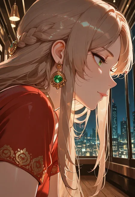 best quality, masterpiece, ultra-HD, cinematic lighting,aesthetic,i1d2sa2re,red saree,1 girl,30 years old,beautiful,solo,adult,looking at away,emerald color eyes,eyes detailed,light brown long hair,no bangs,short sleeve, jewellry, ornaments,nacklace,BREAK,in upscale restaurant,standing beside floor-to-ceiling windows,high-rise,night city background,((mouth focus, close up,side profile))