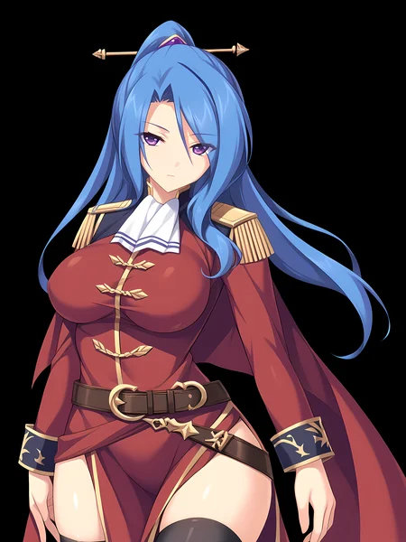 <lora:Madou_Koukaku_-_Eushully:1>,eushully,ruinn,1girl,solo,purple eyes,blue hair,long hair,thighhighs,black thighhighs,belt,epaulettes,large breasts,ascot,eyes visible through hair,black background,simple background,, score_9, score_8_up, score_7_up,source_anime,(masterpiece),(best quality),(ultra-detailed),(best illustration),(best shadow),(absurdres),(detailed background),(very aesthetic),source_anime