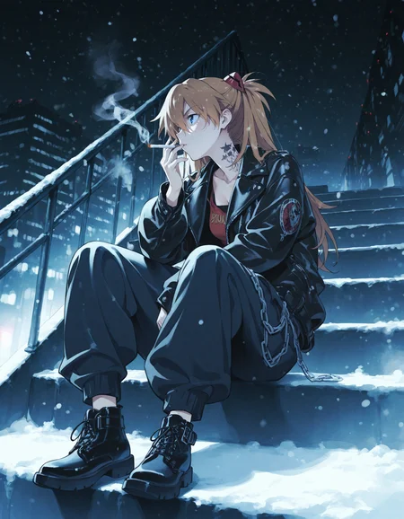 masterpiece,best quality,absurdres,very awa,highres,newest,year 2024,year 2023,<lora:illustrious_noobai_epsilon_pred_1_masterpieces_v1:0.7>,<lora:ponyv4_noob1_2_adamW:0.7>,<lora:spo_sdxl_10ep_4k-data_lora_webui:0.6>,<lora:add-detail-xl:0.35>,<lora:KonyaKarasue:0.4>,kiyama satoshi,minakata sunao,asutora,1girl,souryuu asuka langley,(short hair),punk,neck tattoo,smoking,chain,leather jacket,baggy pants,looking afar,night,snowing,sidelighting,street,sitting on stairs,punk,ankle boots,holding cigarette,