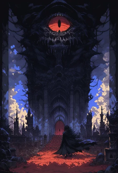 score_9, score_8_up, score_7_up, ultra quality, d3p1x3l, pixel art, scenery, solo, 1girl, Dracula, black cape, pale skin, black hair, suit, red eyes, fangs, castle interior,