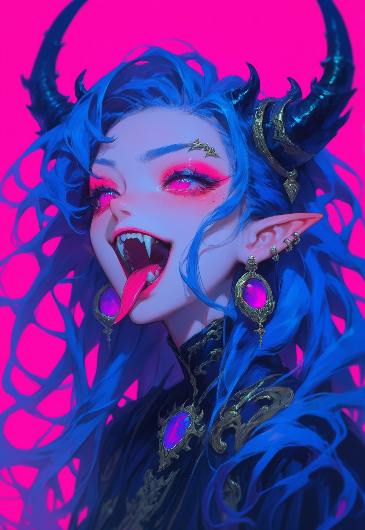 (score_9, score_8_up, score_7_up, score_6_up), (masterpiece, best quality, good quality, very aesthetic, absurdres, newest:1.2),  1girl, solo, long hair, open mouth, simple background, jewelry, blue hair, upper body, earrings, horns, teeth, tongue, pointy ears, tongue out, pink eyes, makeup, fangs, piercing, pink background, demon girl, sharp teeth, demon horns, ear piercing, eyeshadow, Glo3w, anime, source_anime, 