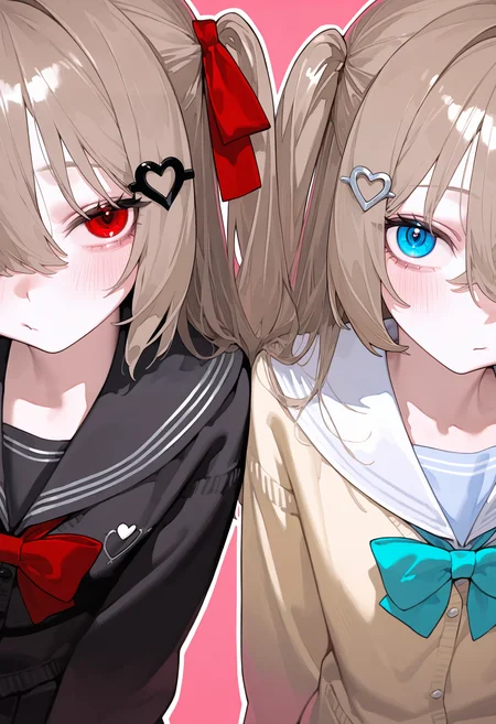 <lora:eatsleep111SDXL:0.75>, best quality, masterpiece, eatsleep1111, evil neuro-sama, neuro-sama, brown hair, 2girls, sisters, black serafuku, serafuku, white heart hair ornament, black heart hair ornament, school uniform, black cardigan, yellow cardigan, blue eyes, red eyes, red bow, red bowtie, aqua bow, aqua bowtie, side-by-side, pink background, white outline, blush,  <lora:NeuroEvilVedalNoob11:1>