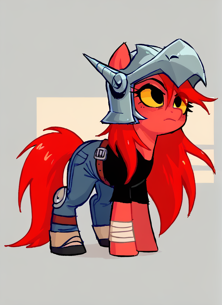 score_9, score_8_up, score_7_up, BREAK,  <lora:bsdraco:1>bsdraco  , 1boy, helmet, horns,  black eyes , yellow sclera,  red hair  , long hair,  black shirt,  belt , jeans, helmet,  solo  ,long hair, arm armor, shoulder spikes ,  knee pads,  <lora:SyrupyyyArt:1>syrupyyy   ( , pony , horse girl,  , pony female:1.1)  all fours,