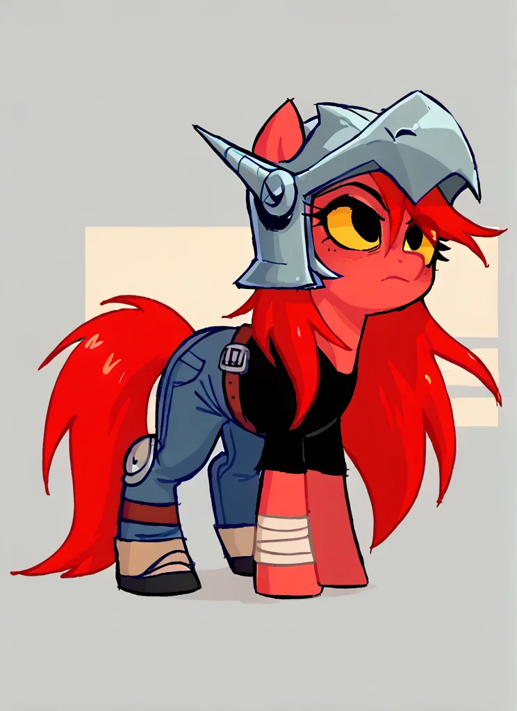 score_9, score_8_up, score_7_up, BREAK, <lora:bsdraco:1>bsdraco , 1boy, helmet, horns, black eyes , yellow sclera, red hair , long hair, black shirt, belt , jeans, helmet, solo ,long hair, arm armor, shoulder spikes , knee pads, <lora:SyrupyyyArt:1>syrupyyy ( , pony , horse girl, , pony female:1.1) all fours,