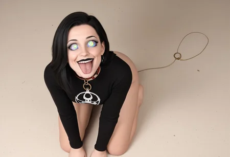 core_9, score_8_up, score_7_up, 1girl,  24 kneeling, pendulum in front of goth woman’s face, goth girl staring up at pendulum, panting like dog, tongue out, silly expression, stupid smile, dumb smile, mindless smile, leash, puppy play, drool, head being stepped on, spiral eyes black mid drift shirt, on hands and knees looking up at pendulum, hypnotized, hypnotism, pet play