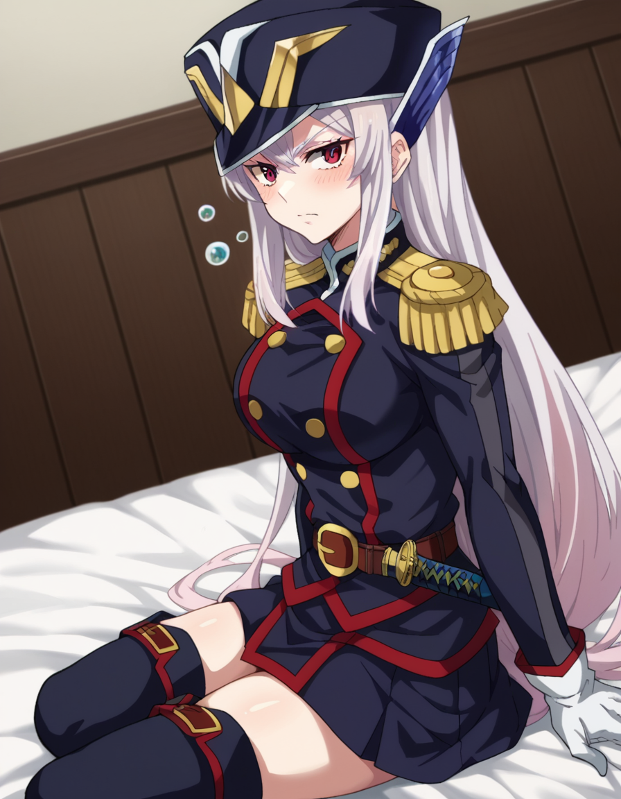 score_9, score_8_up, score_7_up, source_anime,
kyoukauzen, <lora:kyouka-uzen-s1-ponyxl-lora-nochekaiser:1>
kyouka uzen, long hair, red eyes, very long hair, white hair,
thighhighs, gloves, hat, boots, belt, sword, uniform, zettai ryouiki, military, military uniform, thigh boots, shako cap,
indoors, bed, bed room, on side, blush, drunk,
looking at viewer, cowboy shot, dutch angle, solo,