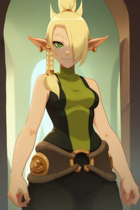 Score_9, score_8_up, score_7_up, <lora:Cléophée:0.9> Cleophee, 1girl, solo, long hair, blonde hair, jewelry, green eyes, braid, earrings, pointy ears, belt, hair over one eye, cowboy shot, smile, looking at viewer, breasts