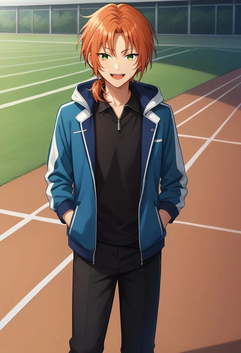 score_9, score_8_up, score_7_up, source_anime, highly detailed, 
leotsukinaga, 1boy, male focus, green eyes, solo, jacket, track jacket, pants, 
orange hair, smile, shirt, looking at viewer, black pants, hood, 
black shirt, open clothes, long sleeves, open jacket, bangs, blue jacket,
ponytail, short ponytail, open mouth, track suit,
indoor,