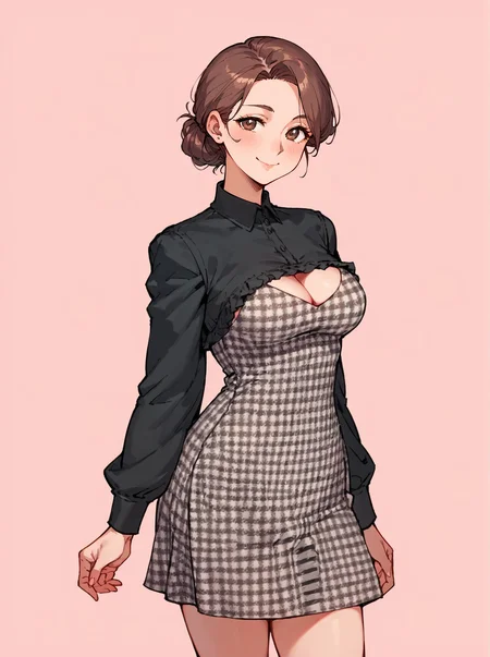 score_8_up, score_7_up, score_6_up, source_anime, 1girl, solo, simple background, pink background,
standing, pose, contrapposto, arched back, cowboy shot, facing viewer
smile, mature female, thighs
plaid dress, black shirt, long sleeves, cleavage <lora:shortdress3:1>