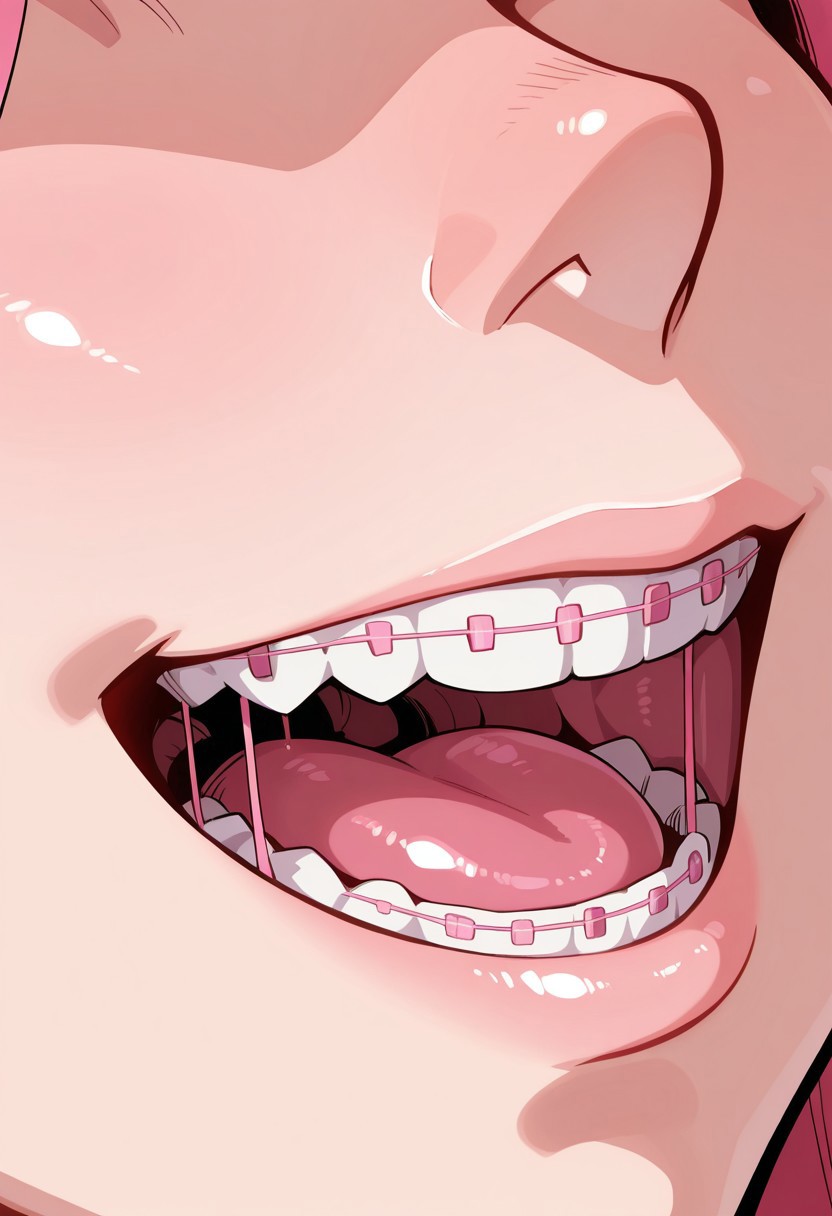 masterpiece,best quality,amazing quality,
close-up,
mouth, teeth, braces, teeth braces, close-up, solo, 1girl, pink braces